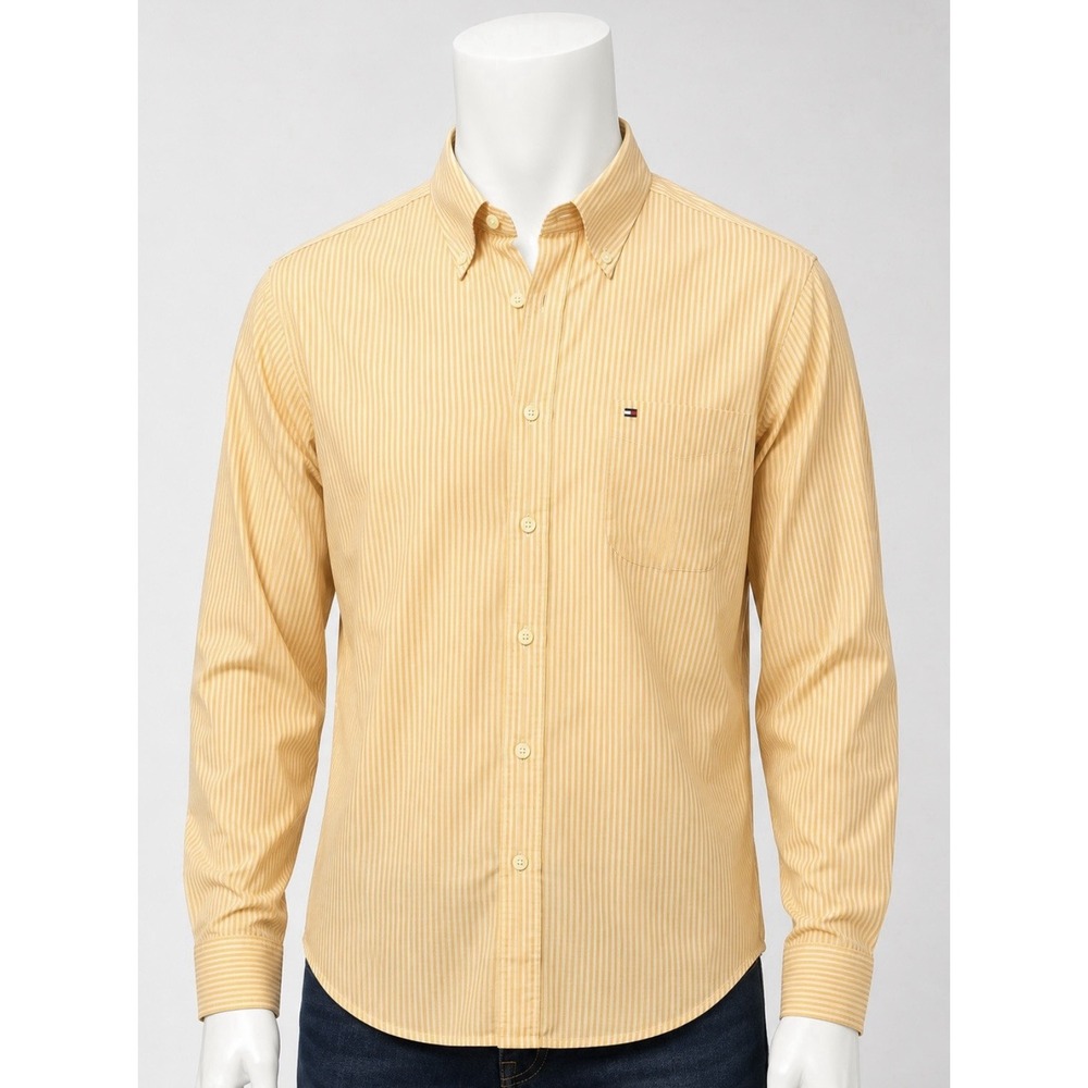TOMMY HILFIGER Men's Long Sleeve Button Down Yellow White Striped Shirt XL